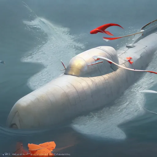 Image similar to subsurface scattering, white, giant submarine, koi colors, avoiding koi, octane render, jesper ejsing, justin gerard, james jean, tomasz alen kopera, cgsociety, fenghua zhong, makoto shinkai, highly detailed, rim light, art, cinematic lighting, very coherent, hyper realism, 8 k