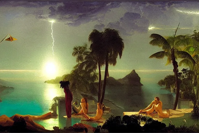 Image similar to The gazebo chalice, refracted moon sparkles, thunderstorm, greek pool, beach and Tropical vegetation on the background major arcana sky and occult symbols, by paul delaroche, hyperrealistic 4k uhd, award-winning, very detailed paradise