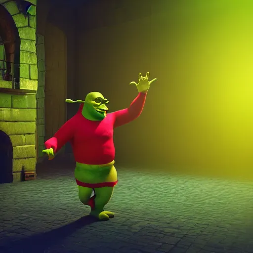 Image similar to Drunken Shrek dancing macarena in a disco, 3d render, blurry background, high quality, 8k, shadows, light, octane render