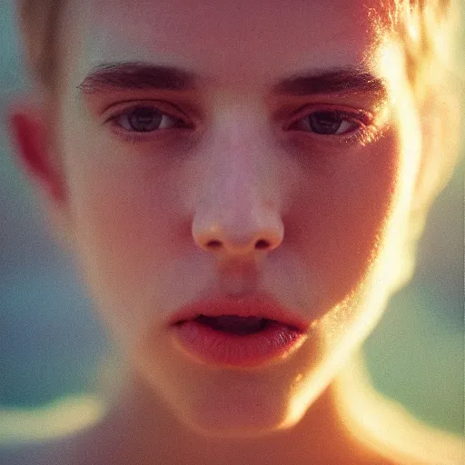 Image similar to Kodak Portra 400, 8K,ARTSTATION, Ryan McGinley, color light, volumetric lighting, highly detailed, britt marling style 3/4 , extreme Close-up portrait photography of young model, Realistic, Refined, Highly Detailed, interstellar outdoor soft pastel lighting colors scheme, outdoor fine art photography, Hyper realistic, photo realistic