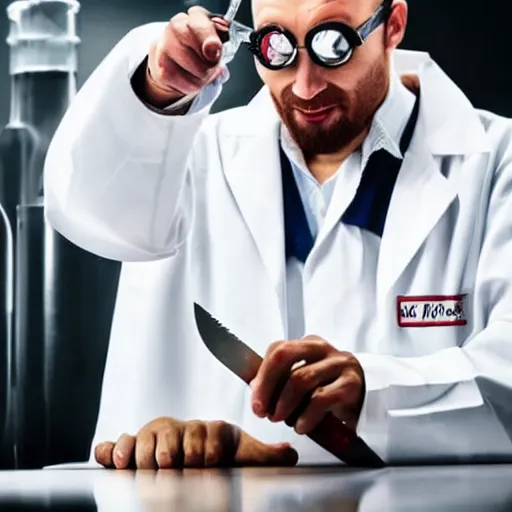 Image similar to an evil chemist in a white coat with a knife