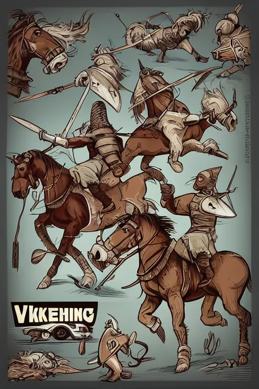 Prompt: “Poster of Viking horsemen in a battle. There is also Mini Cooper Countryman Hybrid. Retro cartoon caricature.”