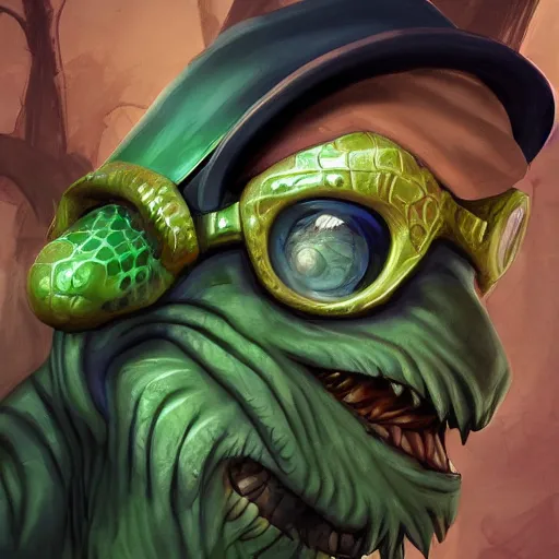 Image similar to Reptile detective, trenchoat and hat, league of legends character, close up, digital art, trending on ArtStation