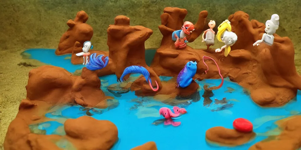 Prompt: plasticine model in water. siamese fighting fish. clay figure. salvador dali. tropical fish tank with sand. astrix and obelisk. tintin. hands. wallace and gromit. figures clay. aquatic photography.