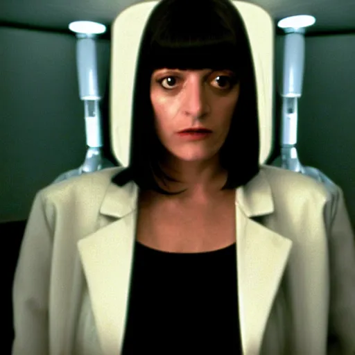 Image similar to movie still of robotic mia wallace, cinematic composition, cinematic light, criterion collection, by quentin tarantino