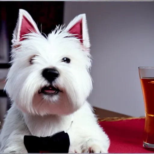 Image similar to West highland white terrier in a tuxedo drinking scotch