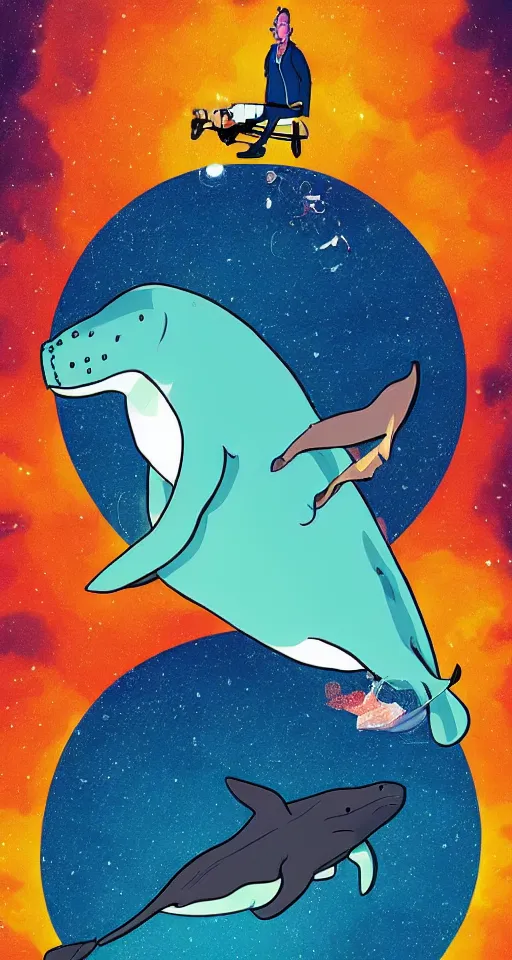 Prompt: Bojack Horseman riding a whale in space, beautiful digital art, trending on artstation, Bojack Horseman, Space whale