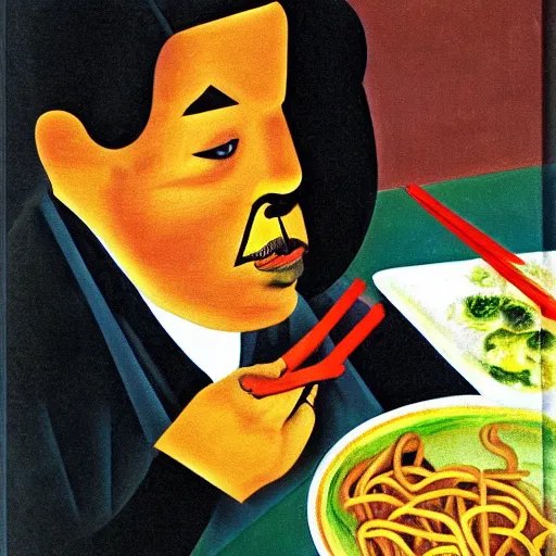 Prompt: surrealist painting, chinese man eating noodles, cubism