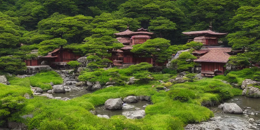 Prompt: a serene landscape with a singular building near a river with rocks at sunshine, ghibli studio