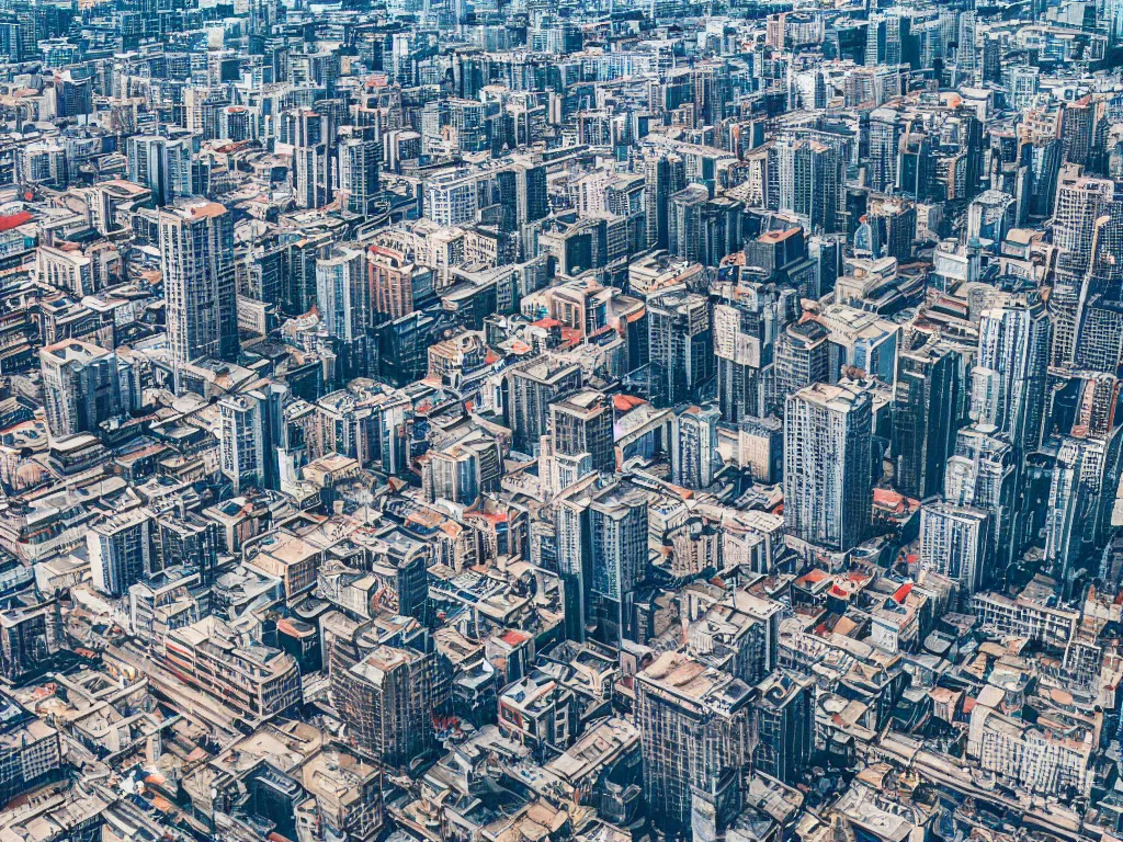 Image similar to drone view of a city, Brutalist architecture, sharp focus, telephoto lens, digital art 4k