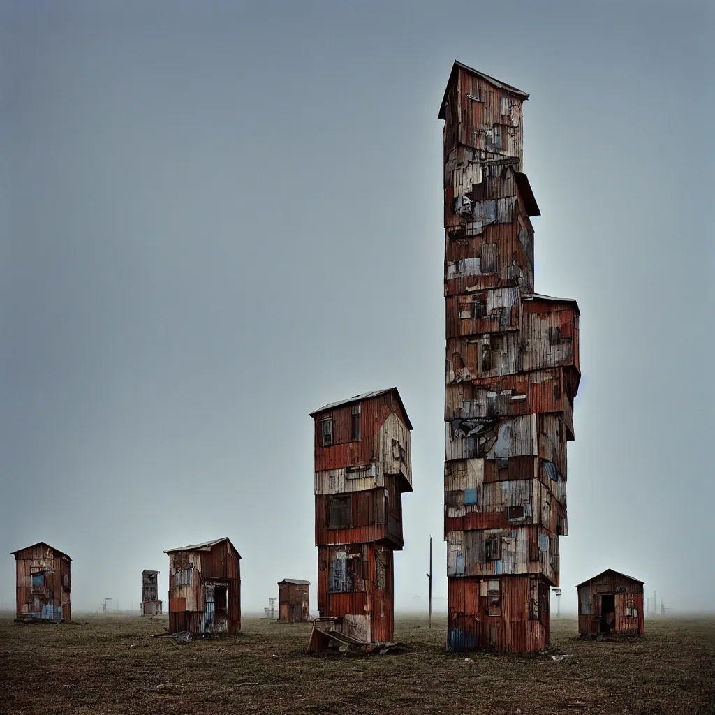 Prompt: two high towers, made up of makeshift squatter shacks with faded colours, plain uniform sky at the back, uneven fog, dystopia, mamiya, fully frontal view, ultra sharp, very detailed, photographed by julie blackmon