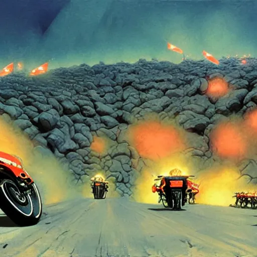 Image similar to motorbikers race in hell, art by chris foss, john harris, beeple, wayne barlowe