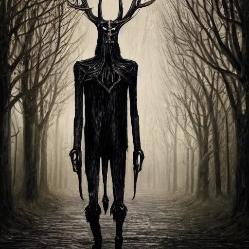 Prompt: ominous wendigo walking through the center of old london city, oil painting, gloomy misty atmosphere, symmetrical, full body image, highly ornate intricate details, very sharp photo,