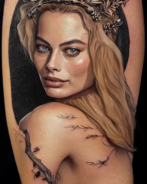 Image similar to realism tattoo sketch of margot robbie as a beautiful greek goddess aphrodite with piercing eyes wearing a laurel wreath and triangle earrings, in the style of greg rutkowski, amazing detail