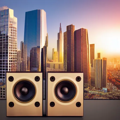 Image similar to a city skyline with high end speakers for buildings, kodachrome 6 4, ultra realistic, golden hour