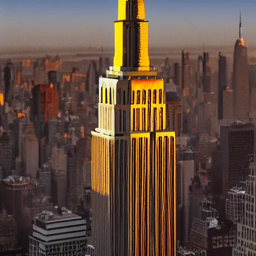 Image similar to giant mouse on empire state building, photorealist, golden hour, high quality