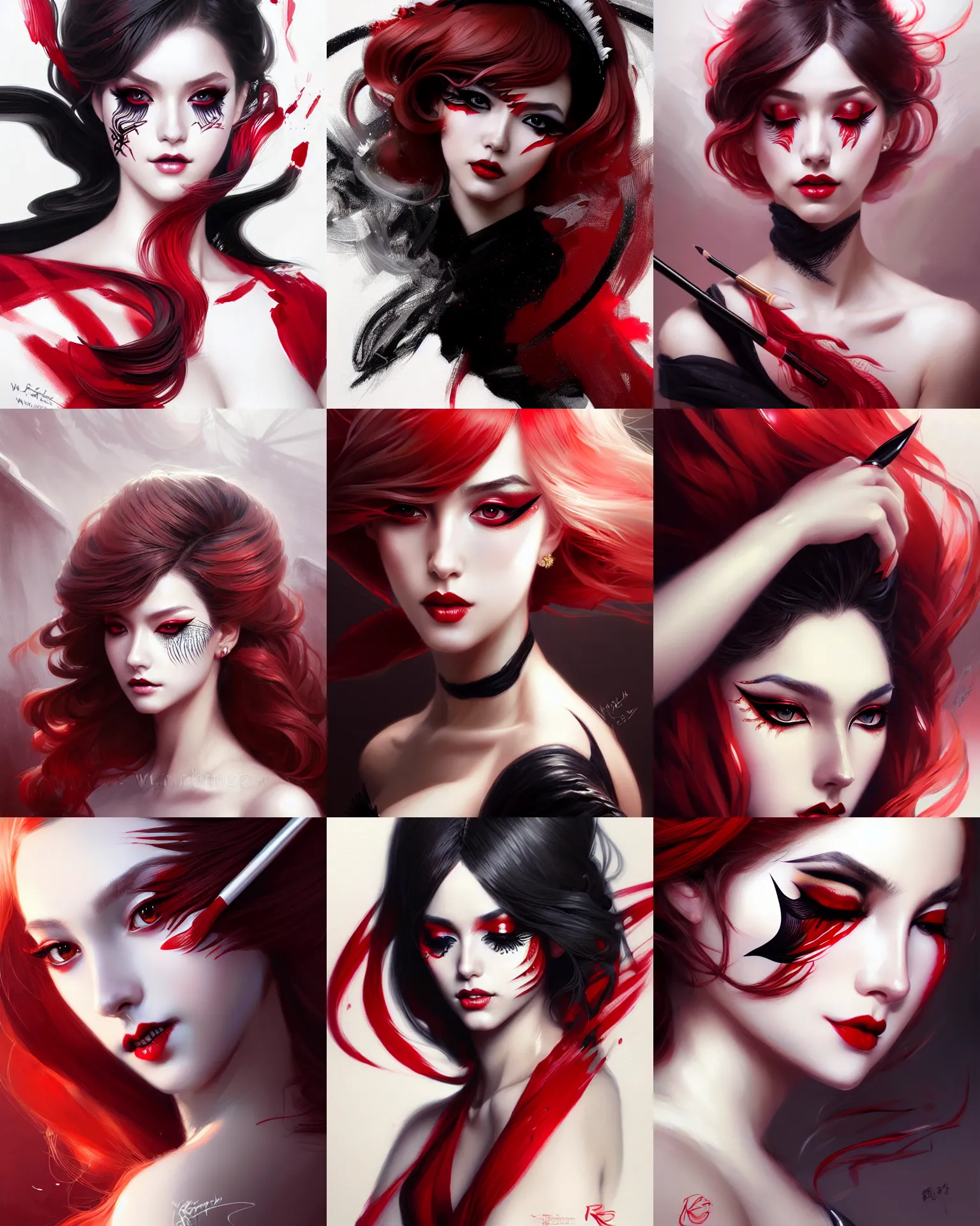 Prompt: lady with eyeliner makeup from genshin impact, wavy lingeries, intricate, elegant, sharp focus, illustration, highly detailed, digital painting, concept art, art by wlop and artgerm and greg rutkowski and ross tran, masterpiece, red and white and black colors
