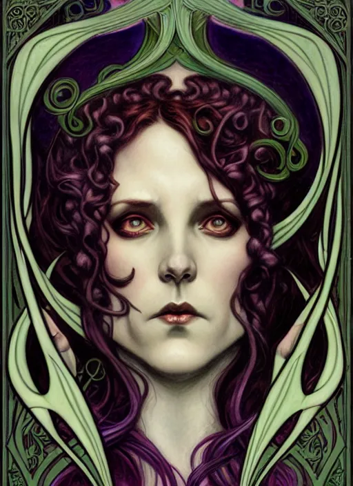 Image similar to an art nouveau, cthulu portrait in the style of charlie bowater, and in the style of donato giancola, and in the style of charles dulac. very large, clear, expressive, intelligent eyes. symmetrical, centered, ultrasharp focus, dramatic lighting, photorealistic digital painting, intricate ultra detailed background.