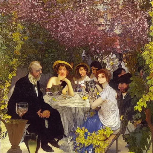 Prompt: happy people drink wine outside a a parisian cafe. there are bubbles in the air and a golden laburnum tree in bloom is in the foreground and it is a sunny afternoon, painted by mucha and caravaggio
