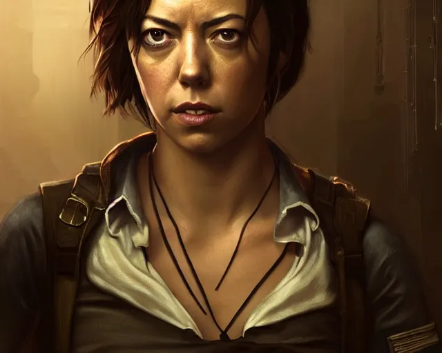 Prompt: a gaming screenshot still portrait of aubrey plaza in resident evil, deep focus, d & d, fantasy, intricate, elegant, highly detailed, digital painting, artstation, concept art, matte, sharp focus, illustration, dark fantasy style art, hearthstone, art by artgerm and greg rutkowski and alphonse mucha