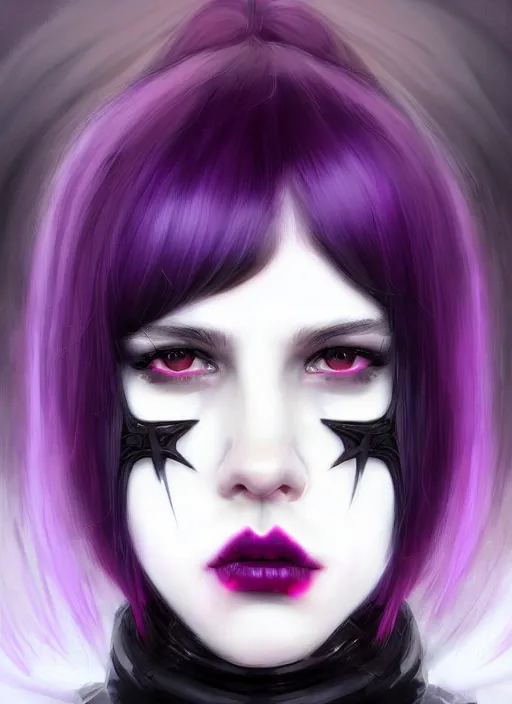 Image similar to portrait of white teenage girl, normal face, black bangs, mall goth, cyberlox, black and white hair, bangs, fluffy bangs, red contacts, purple lipstick, intricate, elegant, highly detailed, digital painting, artstation, concept art, sharp focus, smooth, illustration, art by wlop, mars ravelo and greg rutkowski