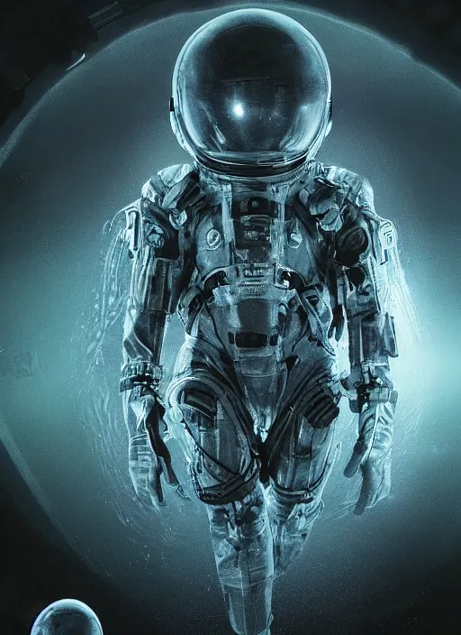 Image similar to astronauts in dark and empty void underwater - complex and hyperdetailed technical suit. reflection and dispersion materials. rays and dispersion of light. volumetric light. 5 0 mm, f / 3 2. noise film photo. flash photography. ultra realistic, wide angle. poster by wayne barlowe, hajime sorayama aaron horkey, craig mullins