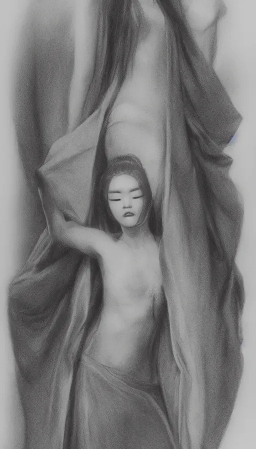 Image similar to model yoon young as the high priestess, by wangjie li, black and white graphite drawing, smooth render, 3 / 4 view