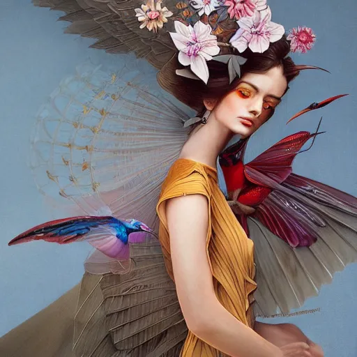 Image similar to full length view of a beautiful girl wearing an origami dress, hummingbirds, elegant, by esao andrews, by eiko ishioka, givenchy, by peter mohrbacher, centered, dramatic, floral ornamentic on cloth and hair, detailed beautiful face, high depth of field, origami, detailed fashion illustration, vogue, japanese, reallusion character creator