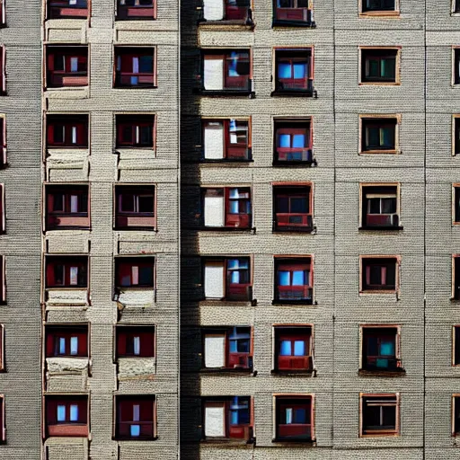 Prompt: figurine of small soviet apartment building, light is on windows