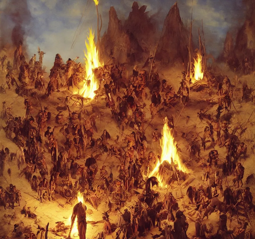 Image similar to native american chief speaks to his council around the fire in the teepee by frank frazetta, artgerm, albert bierstadt, tomasz alen kopera