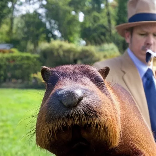 Image similar to smoking cigar, a man wearing a suit capybara head wearing a hat (smoking cigar)