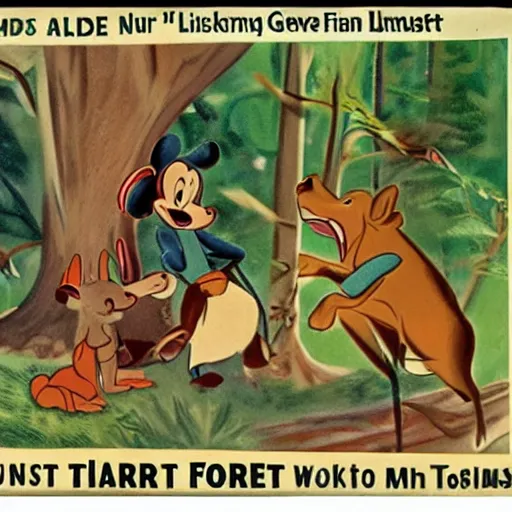 Image similar to 1940s disney film about talking forest animals super high detail