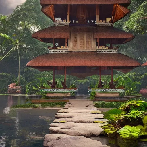 Image similar to A beautiful, perfect, impressive, amazing concept art digital CG painting of a place in Bali, trending on ArtStation, Unreal Engine