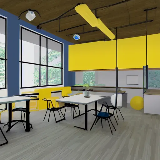 Prompt: interior design of a co - working space, yellow and blue color scheme, photorealist, 8 k