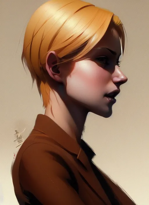 Prompt: ultradetailed beautiful panting of a stylish young lady wearing a brown foxgirl suit, dramatic, she has blond hair, distressed, volumetric light, by greg rutkowski, ilya kuvshinov, james jean, makoto shinkai, on artstation