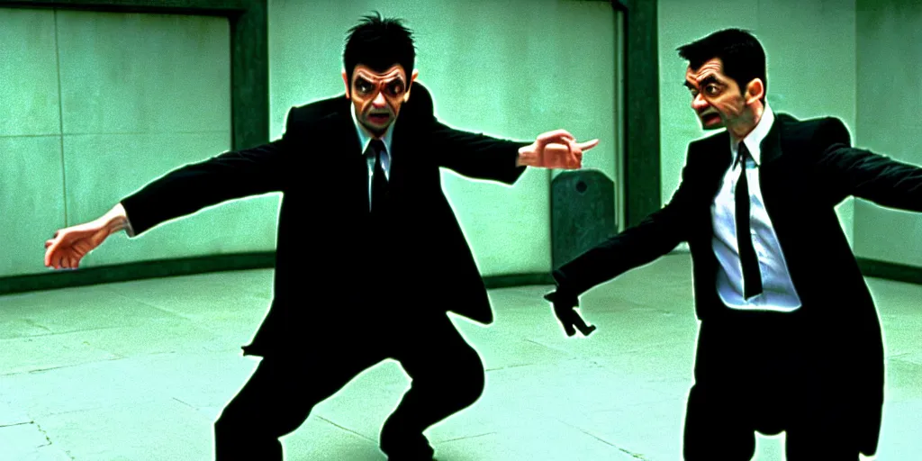 Image similar to hyper realistic, production still of neo ( ( mr. bean ) ) in the movie, the matrix ( 1 9 9 9 ), in an action fight sequence, 4 k, highly detailed, anamorphic