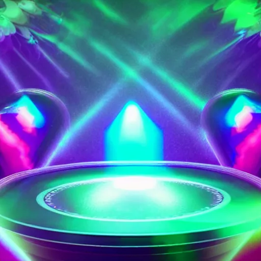 Prompt: a multicolored image of ( ( ( a speaker surrounded by speakers ) ) ), a hologram!!! by barclay shaw, shutterstock contest winner, holography, holographic, ray tracing!!!, psychedelic