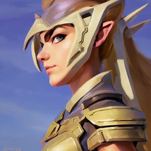 Image similar to greg manchess portrait painting of armored female link from legend of zelda as overwatch character, medium shot, asymmetrical, profile picture, organic painting, sunny day, matte painting, bold shapes, hard edges, street art, trending on artstation, by huang guangjian and gil elvgren and sachin teng