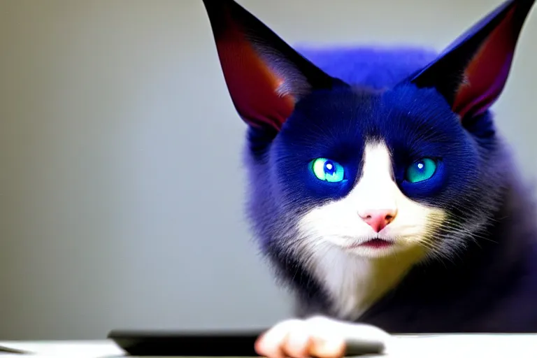 Prompt: a blue - and - black male heterochromatic catbat fursona with blue / green heterochromatic eyes ( differently - colored eyes, one green, one blue ) and huge bat ears, photo of the catbat streaming on his computer