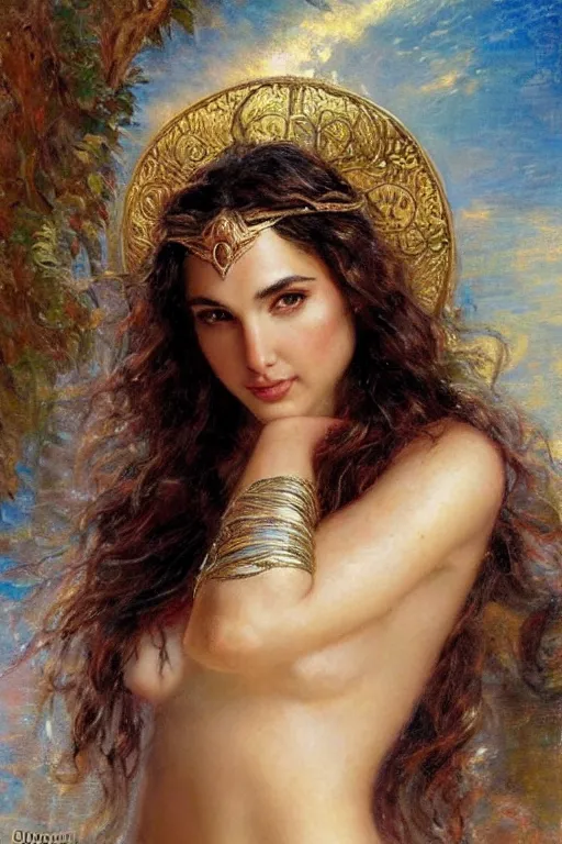 Prompt: high detail portrait of gal gadot as the goddess aphrodite. art by gaston bussiere.