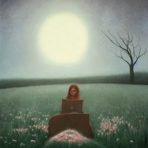 Image similar to grey haunting by catherine hyde. a art installation of a young woman seated in a meadow, with the sun just beginning to rise behind her. the woman is looking down at a book in her lap, & there is a basket of flowers beside her.