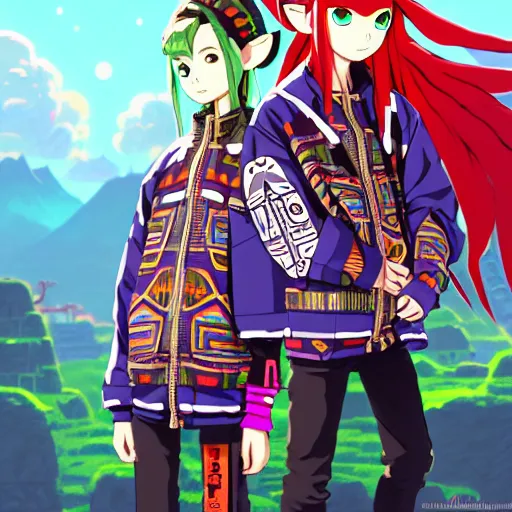 Image similar to majora majora's mask wearing oversized mayan bomber jacket with overalls, bulky poofy bomber jacket with mayan patterns, aztec street fashion, botw art style, gapmoe yandere grimdark, trending on pixiv fanbox, painted by greg rutkowski makoto shinkai takashi takeuchi studio ghibli, akihiko yoshida