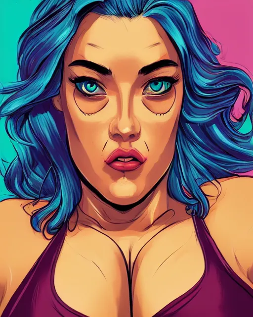 Prompt: upper body portrait of a gorgeous woman, bbw, muscular, wearing bikini. pop art, gta. beautiful face!!! in the style of charlie bowater, dan mumford.