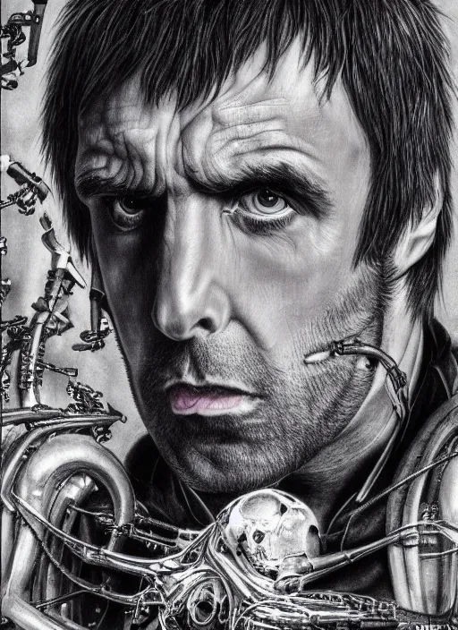 Prompt: Liam Gallagher by Yoshitaka Amano, by HR Giger, biomechanical, 4k, hyper detailed, hyperrealism, anime