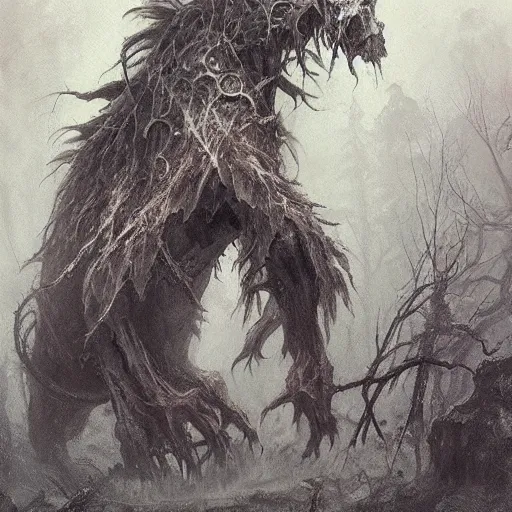 Image similar to concept art of a ancient magus, fae, white skulled creature with black fur, elegant, tendrils, forest, heavy fog, fantasy, wayne barlowe