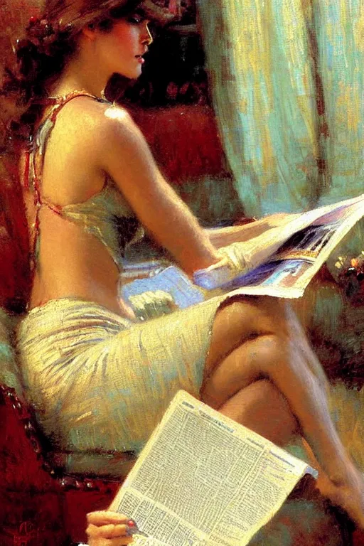 Prompt: attractive woman drinking coffee and reading newspaper, painting by gaston bussiere, craig mullins