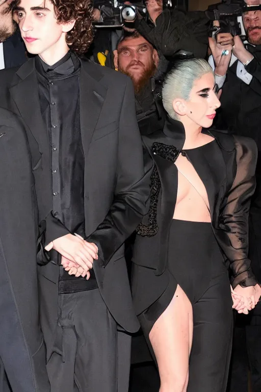 Image similar to timothee chalamet and lady gaga holding hands posing together, beautiful detailed faces, highly realistic, paparazzi photo, canon eos, featured, flash lighting