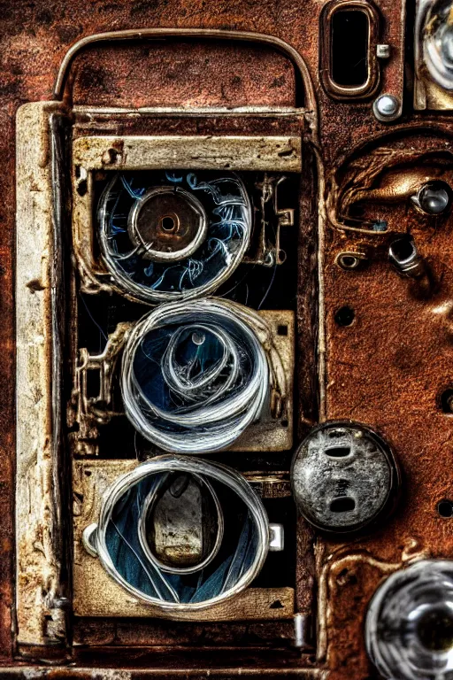 Image similar to A photo of a very old opened camera with vacuum tubes, capacitors and coils inside by Annie Lebovitz and Steve McCurry, grungy, weathered Ultra detailed, hyper realistic, 4k
