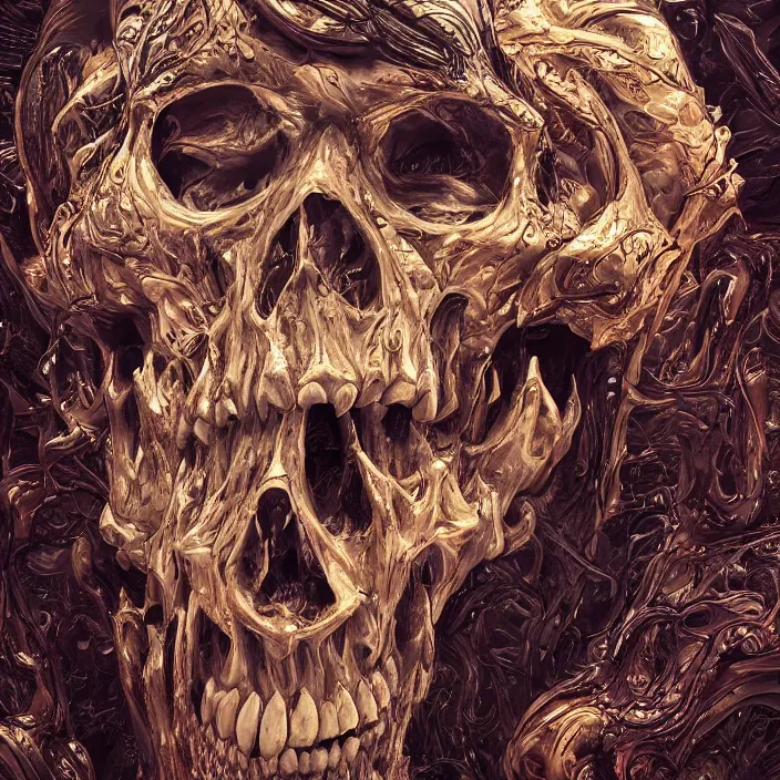 Image similar to portrait of a melting skull. razor sharp teeth. nightmare fuel. intricate abstract. intricate artwork. by Tooth Wu, wlop, beeple, dan mumford. octane render, trending on artstation, greg rutkowski very coherent symmetrical artwork. cinematic, hyper realism, high detail, octane render, 8k, iridescent accents