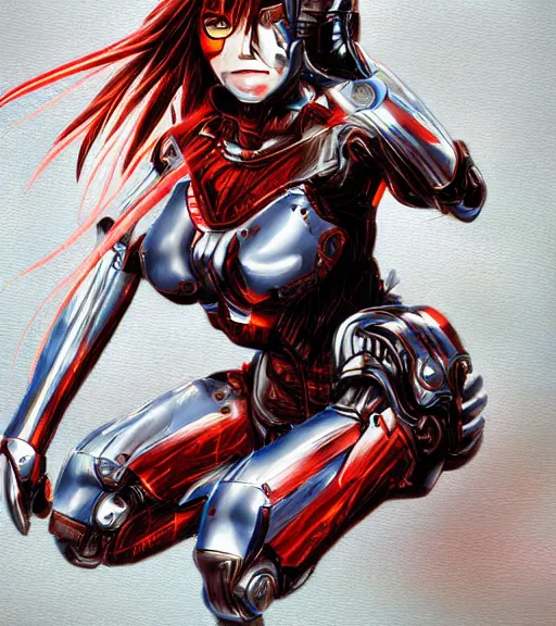 Image similar to manga anime tired damaged cyborg girl angry crouching detailed rendering realistic drawing painting hd key visual official media with frank Miller Alex Ross giger style trending Instagram